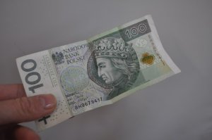 Zdjęcie kolorowe. Dłoń trzymająca banknot o nominale 100 złotych.