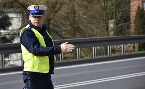 Zdjęcie kolorowe. Policjant z ruchu drogowego w umundurowaniu służbowym zatrzymuje do kontroli drogowej pojazd.