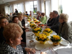 Zdjęcie kolorowe. Spotkanie z okazji dnia kobiet. Siedzące przy stole osoby. Na stole poczęstunek oraz doniczki z kwiatami prymulki koloru żółtego.