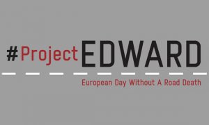 Na szarym tle czerwono-czarny napis project EDWARD. Poniżej napis European Day Without Road Death