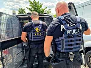 Zdjęcie kolorowe. Dwóch policjantów stojących tyłem na tle otwartych drzwi do radiowozu, służącego do przewozu osób zatrzymanych.