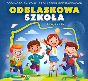 Kolorowa grafika komputerowa. Na granatowym tle kontur granic Polski koloru zielonego. Przed nim czworo uśmiechniętych dzieci z założonymi plecakami. Każe dziecko ma element odblaskowy przy stroju. U góry mniejszy napis &quot;Ogólnopolski konkurs dla szkół podstawowych&quot; pod nim większy &quot;Odblaskowa szkoła&quot;, poniżej mały napis &quot;Edycja 2025&quot;
