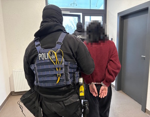 Zdjęcie kolorowe. Na pierwszym planie policjant, który z prawej strony prowadzi osobę zatrzymaną. Zdjęcie postaci od tyłu.  Zatrzymana ma na rękach przełożonych do tyłu założone kajdanki. Drugi policjant znajduje się z przodu i otwiera drzwi.