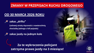 Grafika komputerowa ze zdjęciem. Granatowe tło. Po prawej stronie policjant ruchu drogowego obrócony tyłem. Policjant ma podniesioną prawą rękę w której trzyma tarczę do zatrzymywania. U góry na czerwonym poziomym pasku napis zmiany w przepisach ruchu drogowego. Poniżej podkreślony napis koloru białego od 30 marca 2026 roku. Poniżej napisu zakaz driftu (celowej utraty styczności z nawierzchnią chociażby jednego z kół). Poniżej kolejny napis zakaz jazdy na jednym kole. U dołu napis: za te wykroczenia policjant zatrzyma prawo jazdy na trzy miesiące.