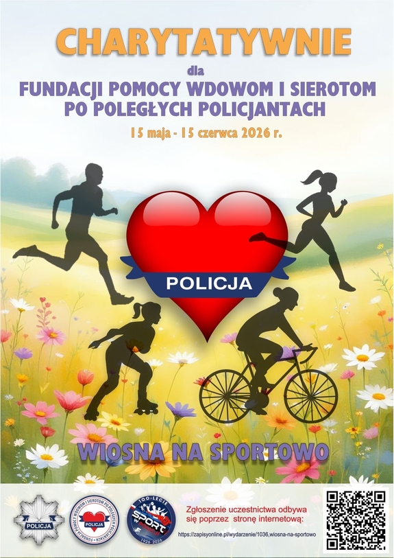 Plakat wydarzenia. Łąka kolorowych kwiatów, na niej czarne sylwetki sportowców. W środku wielkie czerwone serce z napisem POLICJA w dolnej części. Pod sercem napis - Wiosna na sportowo w kolorze fioletowym. Poniżej na białym tle loga Policji i QR kod