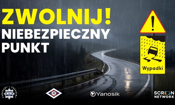 Grafika w ciemnych kolorach, prezentująca fragment krętej drogi i padający deszcz. Na tle grafiki duży napis Zwolnij! Niebezpieczny punkt. Napis w kolorze żółtym i białym. Z prawej strony znak drogowy z wykrzyknikiem. Pod nim tablica informacyjna Wypadki.
Na dole loga instytucji uczestniczących w akcji.