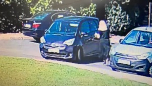 Zrzut z ekranu komputera. Fragment parkingu, na którym zaparkowane są trzy samochody osobowe. Do jednego z nich podchodzi kobieta.